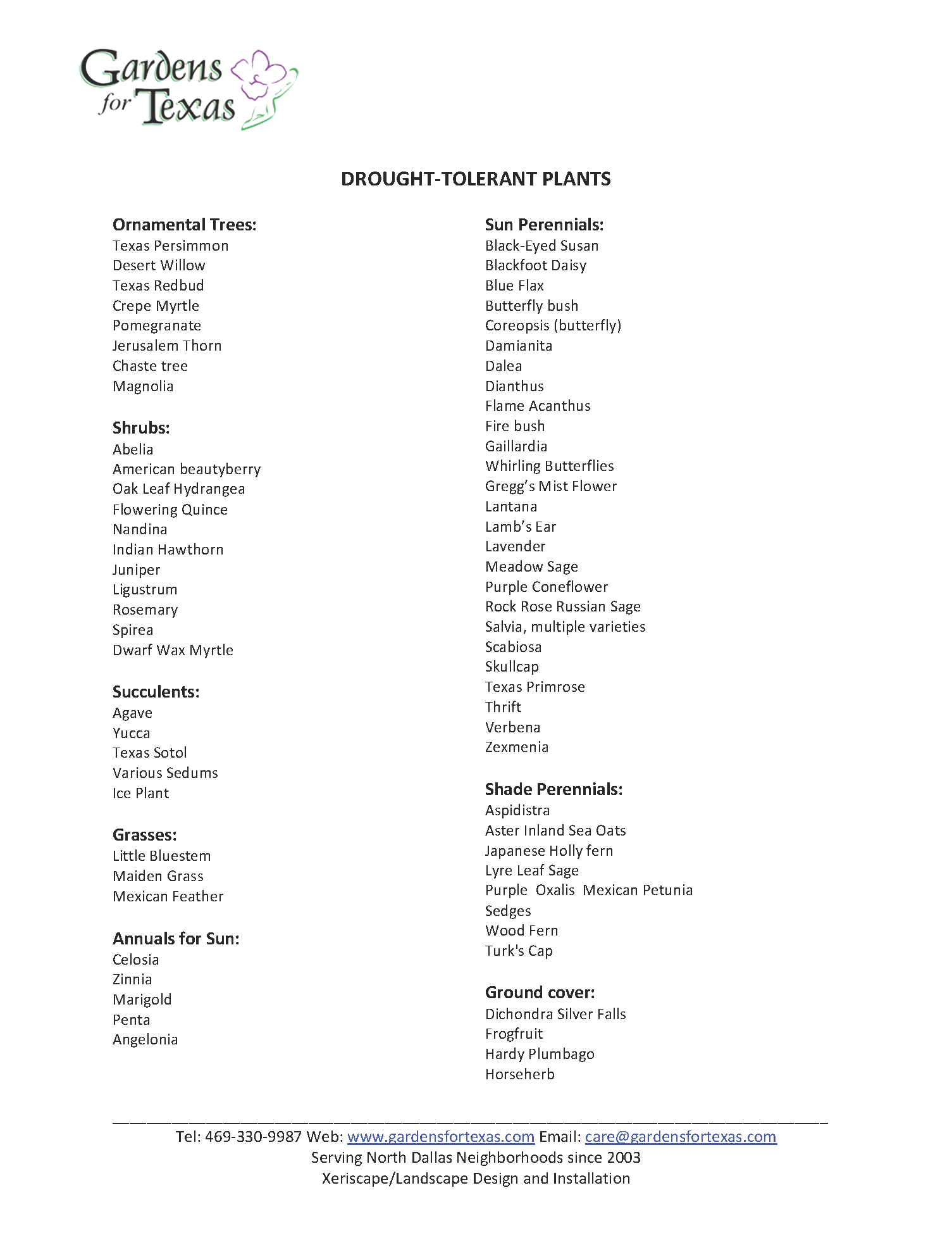 Gardens for Texas Drought-Tolerant Plant List