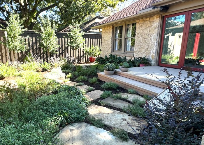 Back deck stone path and xeriscape garden