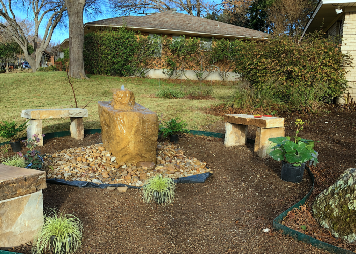 stone fountain and seating